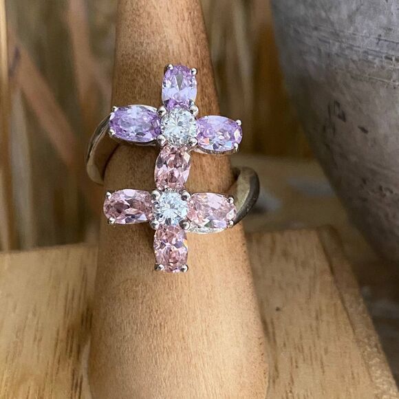 Double Flower Cz Heavy Sterling Silver Ring 2009 Era - Picture 8 of 11